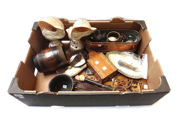 A quantity of metalware collectables, including; an oak and metal bound kostrel, a policeman's whistle and leather belt, various engraved sea shells,