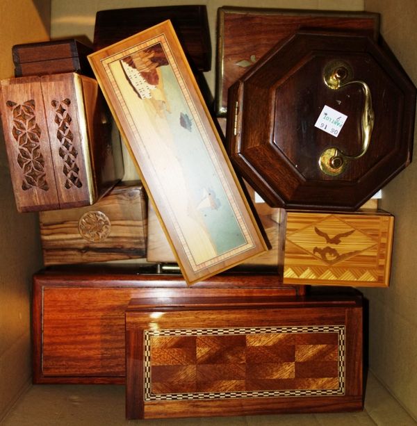 A quantity of wooden boxes including a 19th century tea caddy and sundry. (qty)