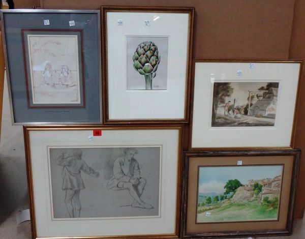 A group of assorted mainly 20th century watercolours and drawings, including a watercolour of Mougins, a pencil figure study, a composition by Victori