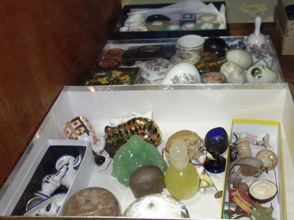 A large quantity of decorative ceramics and collectables, including Jasperware boxes, pill boxes, a small bronze elephant, plaster intaglios and sundr