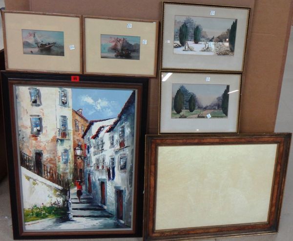 A quantity of assorted pictures and prints, including an oil street scene, a pair of oils of junks, a pair of watercolours depicting a garden in summe
