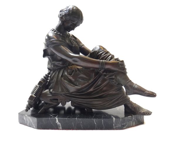 After Pradier, a French bronze figure of Sapho, late 19th century, modelled seated with a lyre at her side, signed 'Pradier', with Susse foundry stamp