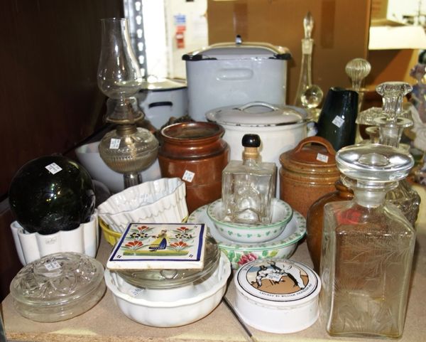 A quantity of early 20th century ceramics and collectables, mainly kitchenalia, including jelly moulds, stoneware bottles, enamelled storage jars and