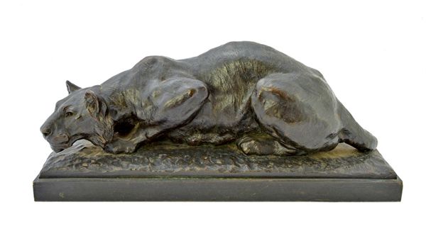 After Francois H. Peyrol (French, 1856-1929), a 19th century bronze model of a crouching tiger, signed to the cast 'H Peyrol', on a bronze rectangular