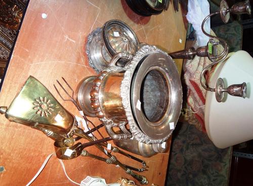 A quantity of silver plate items to include, twin branch candelabra, bottle coasters, cocktail shaker, twin handled vase and sundry together with vari