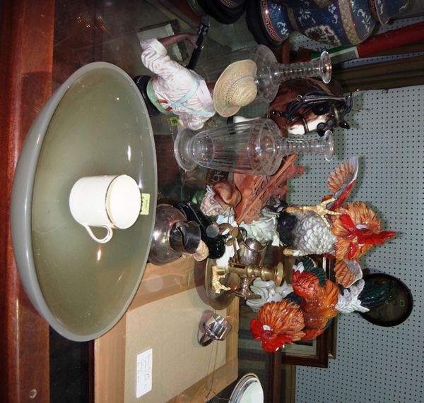 A group of ceramics and glass, including ceramic cockerels, a terracotta model of a boat, paperweights and sundry.