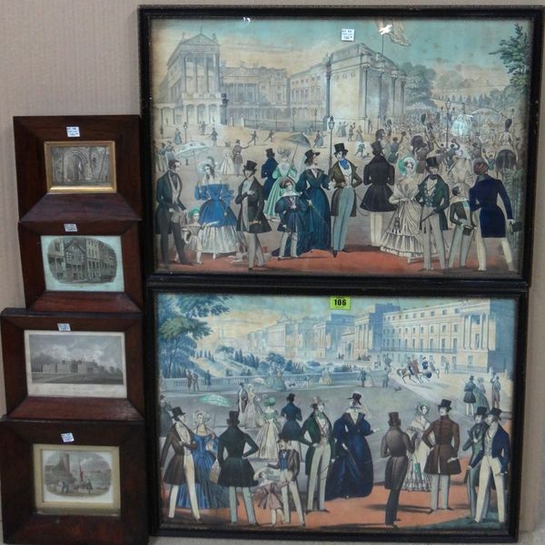 English School (19th century), City scenes with fashionable people promenading, a pair, aquatints with hand colouring, together with four smaller engr