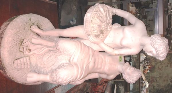 A 20th century white marble figure of a fawn and a lady.