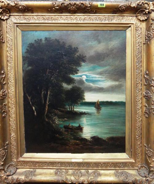 John Shepherd (19th century), Moonlit lake scene, oil on canvas.