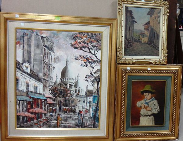 A group of three oil paintings, including a view of Sacre Coeur, Paris, a study of a boy, and a street scene.(3)