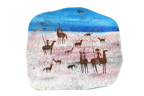 Duilio (Dube) Berabe (1914-1961) for Fontana Arte; a reverse painted glass panel painted with abstract animals and figures in colours and gilt, third