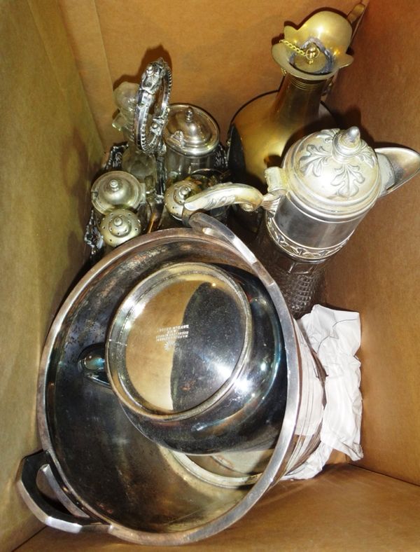 A quantity of silver plated and metalware collectables, including cocktail shakers, mugs, toastracks, a wine cooler and sundry.
