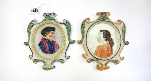 An English pearlware plaque of Sir Thomas More and a Prattware plaque of Josiah Wedgwood, circa 1800, the first Staffordshire or Yorkshire, 8cm high.