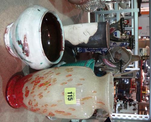 A quantity of studio pottery, including; a Quimper three branch candlestick, a Cardew bowl, a Scandinavian silver inlaid 'Argenta' vase, and sundry. (