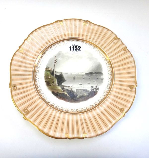 An unusual English porcelain plate, possibly Samuel Alcock, circa 1840, centrally painted and titled to the reverse 'New York Bay the Telegraph Statio