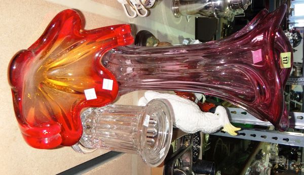 A pink Studio glass vase, a red glass bowl and a clear glass vase. (3)