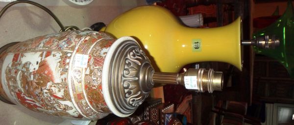 A Japanese Satsuma vase converted to a lamp, a yellow baluster lamp and a white glaze pottery figure.