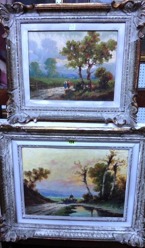 G. Pagliarini (20th century), Sheep and shepherd in a landscape; Figures on a country lane, two, oil on board, both signed.(2)