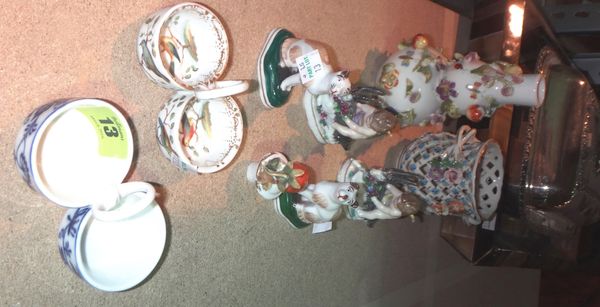 A group of 19th century and later porcelain, including two Meissen twin division salts, a floral encrusted double gourd bottle, a Dresden basket and s
