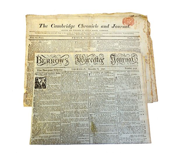 NEWSPAPERS - Berrow's Worcester Journal, 3 issues (Jan. 8 1756; Apr. 15 1762 & Dec. 8 1791,);  Cambridge Chronicle and Journal - Nov. 30 1810; Edinbur