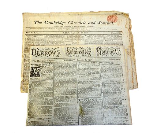 NEWSPAPERS - Berrow's Worcester Journal, 3 issues (Jan. 8 1756; Apr. 15 1762 & Dec. 8 1791,);  Cambridge Chronicle and Journal - Nov. 30 1810; Edinbur