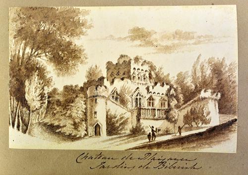 GERMAN SKETCHES - sepia watercolour & pencil, 48 (12 x 20cms.) separately mounted on thick paper leaves in a old oblong octavo album.  *  town & count