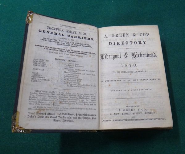 ROBSON'S LIVERPOOL DIRECTORY  . . .  (1840). folded & coloured county map & illustrated advertiser; rebound gilt-lettered cloth;  sold with  A. GREEN