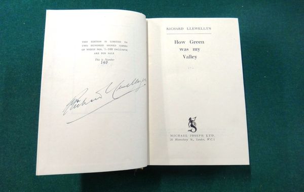 LLEWELLYN (Richard)  How Green Was My Valley.  Limited Edition.  cream buckram with red spine label, gilt top, in slipcase. 1939.  *  limitation of 25