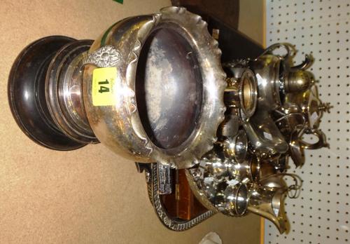 A quantity of silver plate, including trays, jugs, a trophy bowl, flatware and sundry. (qty)