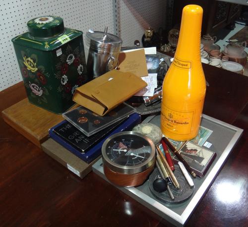 A quantity of collectables including silver plate trays, specimen coin sets, painted metal tea caddy, pens and sundry.