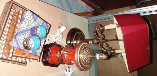 A French brass bouillotte lamp, a ceramic urn lamp base, two specimen wood boxes and a group of specimen marble eggs.