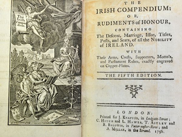 The IRISH COMPENDIUM: or, Rudiments of Honour  . . .  5th edition. engraved frontis & 85 plates of arms; contemp. calf, thick sm. 8vo. 1756.  Illustra