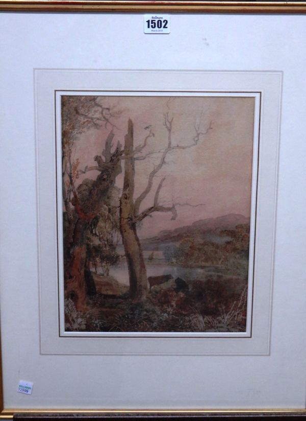 Circle of John Sell Cotman, River scene with cow by a dead tree, watercolour, 31cm x 23.5cm.; together with a small watercolour of a couple on a terra