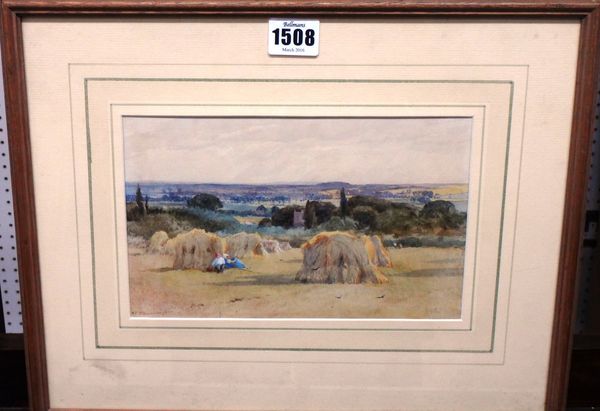 Thomas Francis Wainwright (fl.1831-1883), Figures resting by stooks in a cornfield, watercolour, signed, 14cm x 22cm.