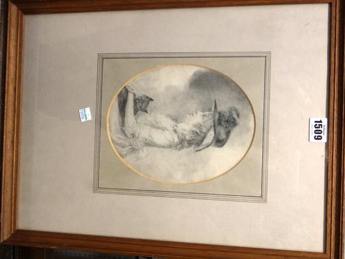 Circle of John Downman, Profile portrait of a young girl holding a cat, pencil and charcoal, oval, 21.5cm x 16cm.