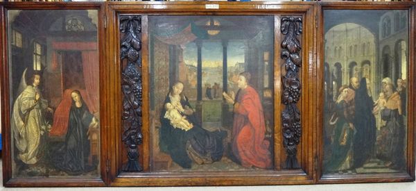 English School (19th century), an oak triptych containing oleograph panels of the Nativity, the Annunciation, and another, overall size 61cm x 140cm.