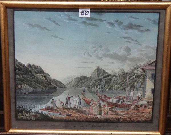Swiss School (19th century), Mountainous lake landscape with figures and boats on the shore, watercolour, inscribed, 32cm x 40cm.