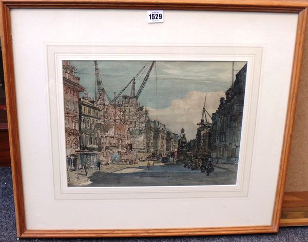 Claude Muncaster (1903-1974), Regent Street from Langham Place, May 1928, signed and dated 1928, inscribed on label on reverse, 27.5cm x 37.5cm. DDS