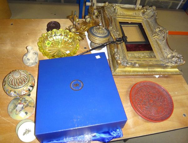 A gilt gesso picture frame, six crystal glasses, a kutani pot pouri and cover, a yellow cut glass dish and sundry, (qty).