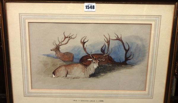 Attributed to Sir Edwin Landseer (1802-1873), Stags resting in a landscape, 20cm x 35cm.  Illustrated