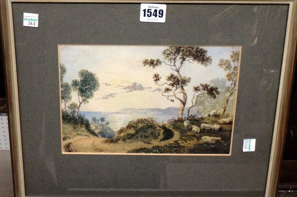 John Varley (1778-1842), Sheep grazing on a clifftop overlooking a sunlit bay, watercolour, signed and dated 1836, 15cm x 22.5cm.