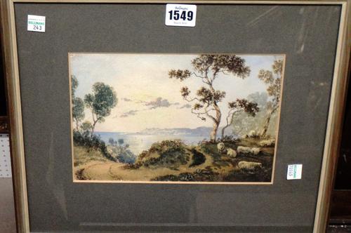 John Varley (1778-1842), Sheep grazing on a clifftop overlooking a sunlit bay, watercolour, signed and dated 1836, 15cm x 22.5cm.