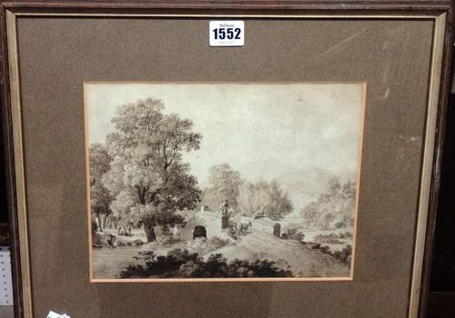 English School (early 19th century), Figures crossing a bridge, sepia watercolour, 19.5cm x 25.5cm.