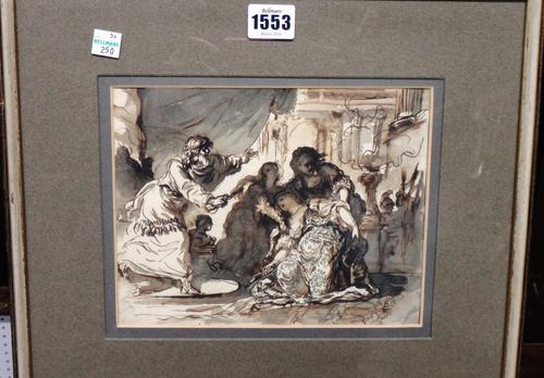 A group of four, including an Arab horseman before a minaret, watercolour; a pen and wash drawing of a hooded penitent; a pen and sepia wash drawing o