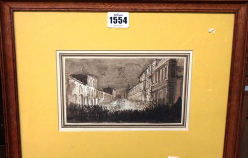 Circle of Baldasssone Cavaletti, A religious procession, pen, ink and sepia wash 10cm x 18cm.