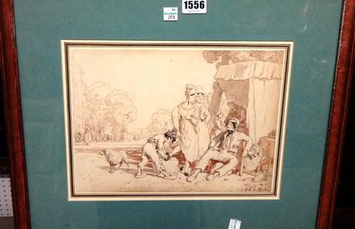 G. R. Lewis (19th century), The shoe shiner, pen, ink and sepia wash, signed and dated 1829, together with a similar work of a group of girls at a swi