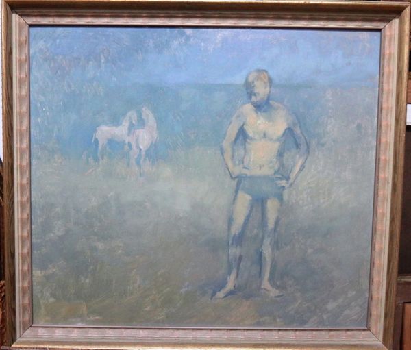 Attributed to Andrew Verster (b.1937), Standing man with horses, oil on board, inscribed on reverse, 51.5cm x 59cm.