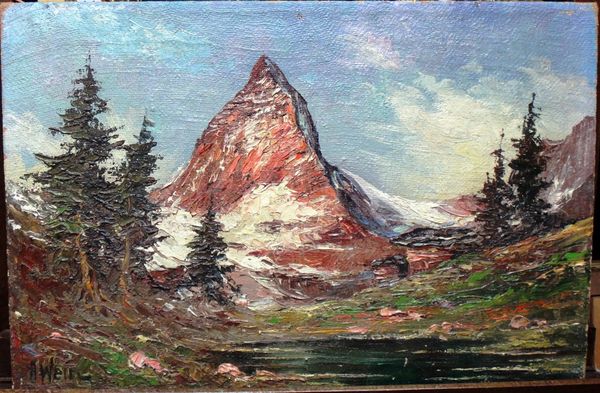 Follower of Alden Weir, Mountainous landscape, oil on canvas, bears a signature, unframed, 40cm x 60cm.