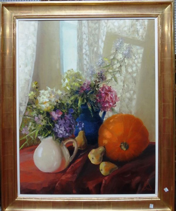 Pyma Daypoba (late 20th century), Still life of flowers, pumpkin and pears, oil on canvas, signed with monogram, signed, inscribed and dated 99-2000 o