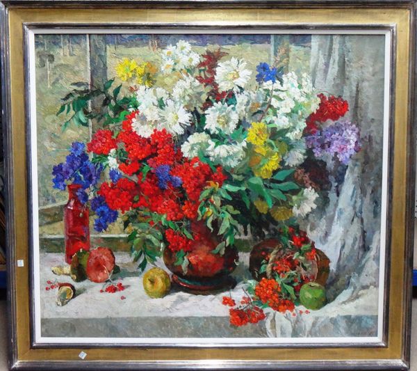 P. N. Aegeaeba (20th century), Still life of flowers, oil on canvas, signed and dated '94, inscribed and dated 1994 on reverse.  Illustrated